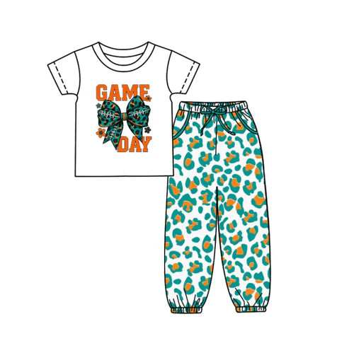 10.9 Custom Moq 5 Baby Kids Game Day Team Top Orange Green Leopard Pants Clothes Sets