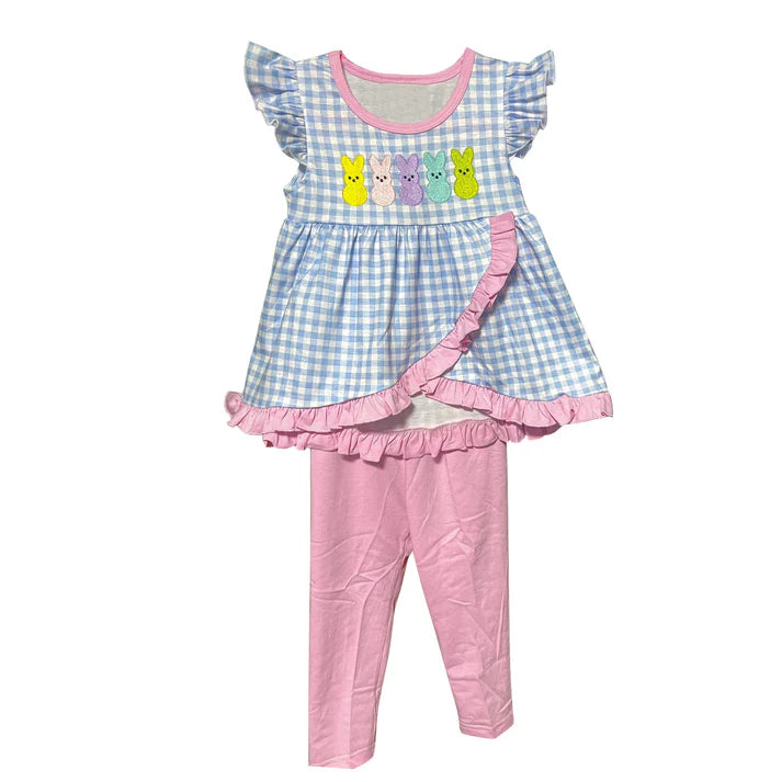 9.29 GSPO2088 Baby Girls Blue Checked Colorful Rabbits Tunic Leggings Easter Clothes Sets Preorder