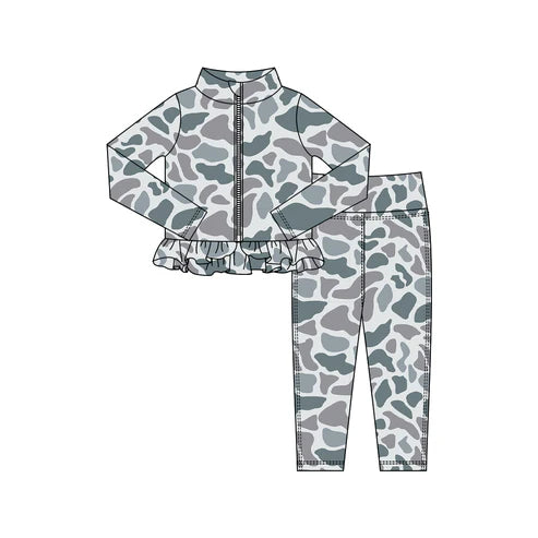 10.24 GLP2993 Baby Girls Grey Camo Zipper Jackets Ruffle Top Leggings Yoga Clothes Sets Preorder