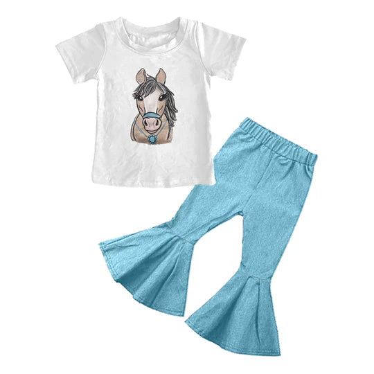 12.23 MOQ:5pcs GSPO2235 pre-order toddler girl clothes turquoise print girl bell bottom pant set
