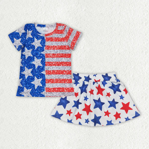 4.8 GT0584+GLK0055 Baby Girls 4th of July Stars Shirt Skorts Clothes Set