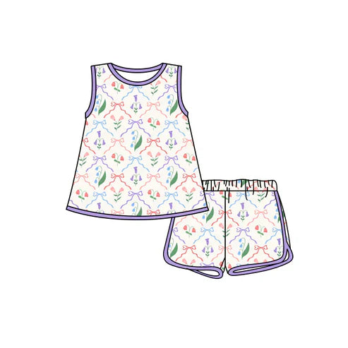 4.25 Preorder(moq 3) Baby Girls Purple Sleeveless Bows Flowers Tunic Short Set