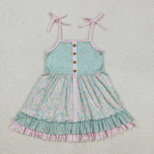 L-3.8 GSD1748 Baby Girls Green Flowers Straps Ruffle Knee Length Dress