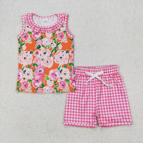 4.2 GSSO2413 Baby Girls Pink Plaid Sleeveless Floral Top Short Set