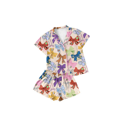 3.17 GSSO2321 Baby Girls Pink Cartoon Princess Bows Button Pocket Top Short Pajamas Set Preorder