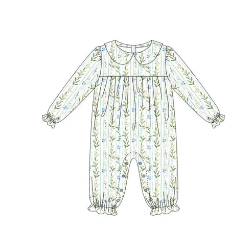 10.21 LR2755 Baby Girls Long Sleeve Green Blue Flowers Stripe Ruffle Footie Rompers Preorder