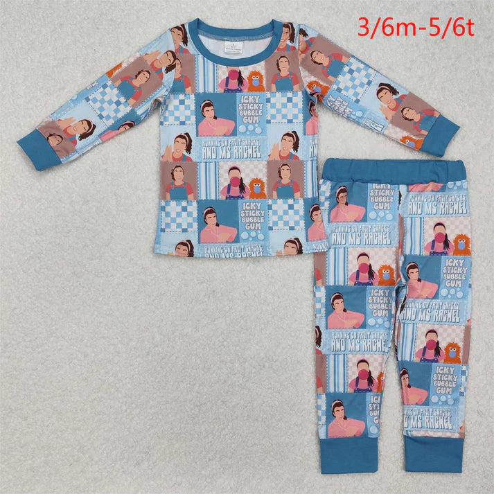 BLP1059 Baby Girls Blue Teacher Checkered Tops Pants Pajamas Clothes Set
