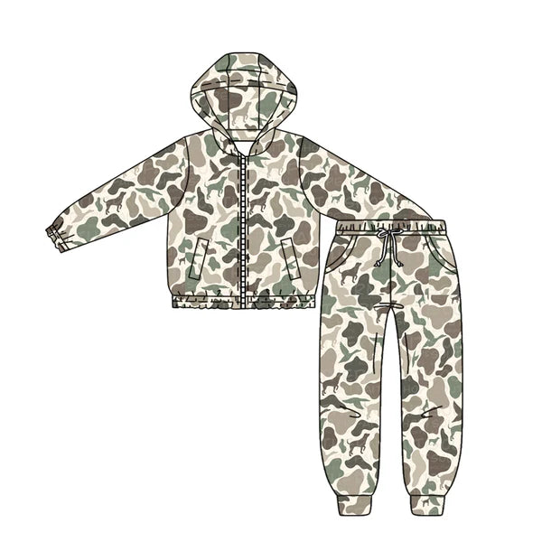 8.28 BLP1251 Baby Boys Grey Ducks Dogs Camo Hoodies Jacket Pockets Leggings Western Set Preorder