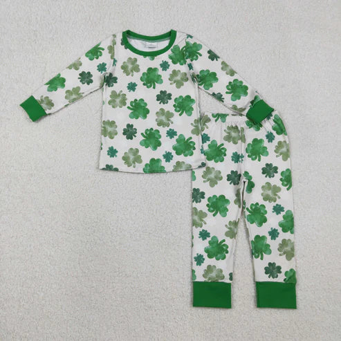 12.3 GLP2988 Baby Girls Green Clovers Top Pant St Patrick Pajamas Set
