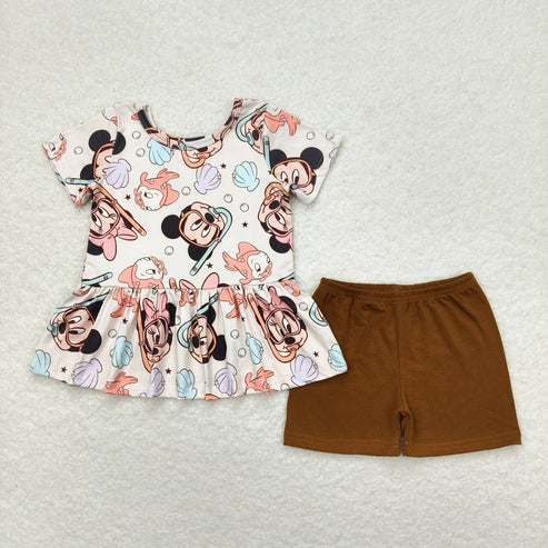 6.17 GSSO0703 Girls cartoon shell pearl short sleeve brown shorts set
