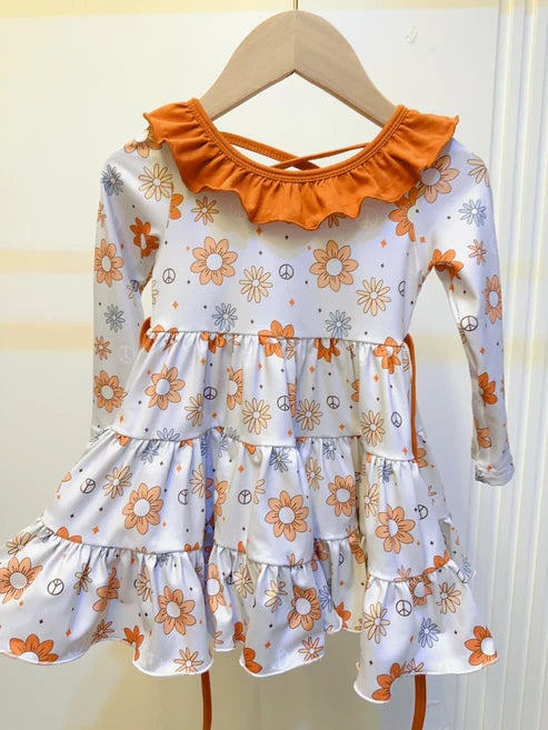 5.10 GLD1035 Baby Girls Long Sleeves Orange Daisy Flowers Knee Length Dresses With Belt Preorder