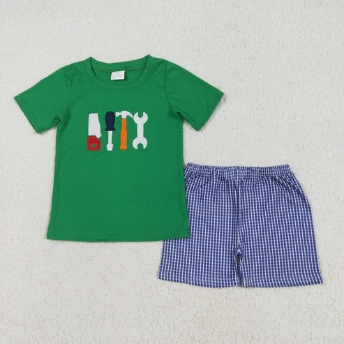 5.21 BSSO1066 Embroidered Baby Boys Green Tools Shirts Checkered Shorts Clothes Set