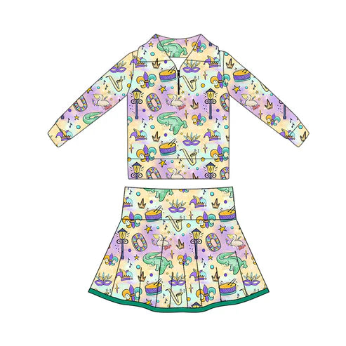 10.28 GLD1401 Baby Girls Mardigras Anchors Crocodiles Zipper Pullovers Skorts Yoga Clothes Sets Preorder