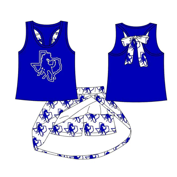 8.19 Custom Moq 5 Baby Girls Blue Horse vest team Top Skirt Skort Sets