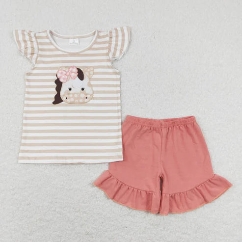 6.17 GSSO0423 embroidery bow pony brown and white striped short-sleeved shorts suit