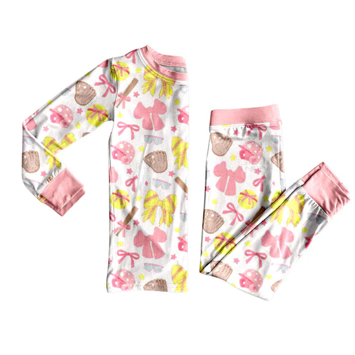 9.27 GLP2905 Baby Girls Pink Yellow Bows Baseballs Top Pants Team Pajamas Sets Preorder