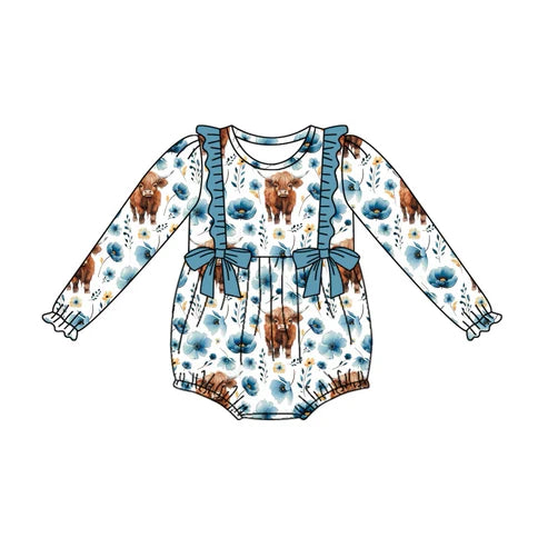 6.4 LR2058 Baby Infant Girls Highland Cow Flowers Blue Bows Rompers preorder