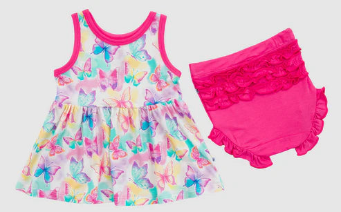 6.19 GBO0477 Baby Girls Pink Sleeveless Colorful Butterfly Tunic Ruffle Bummies Set Preorder