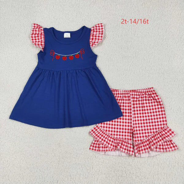 6.13 GSSO2314 Baby Girls Embroidery Apple Back To School Tunic Ruffle Shorts Clothes Set