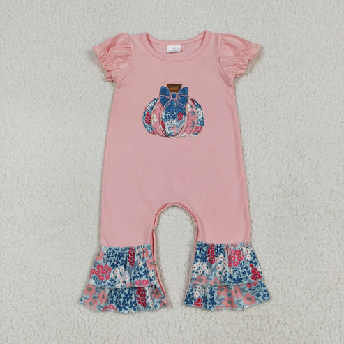 7.1 SR3112 Baby Girls Pink Short Ruffle Sleeves Floral Pumpkins Romper