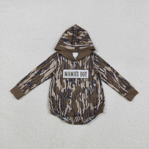 10.26 LR2793 Embroidery Baby Boys Olive Camo Mama's Boy Hoodie Romper