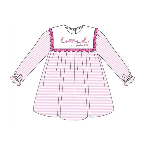 9.30 GLD1350 Baby Girls Pink Stripe Love John 3:16 Valentine Knee Length Dresses Preorder