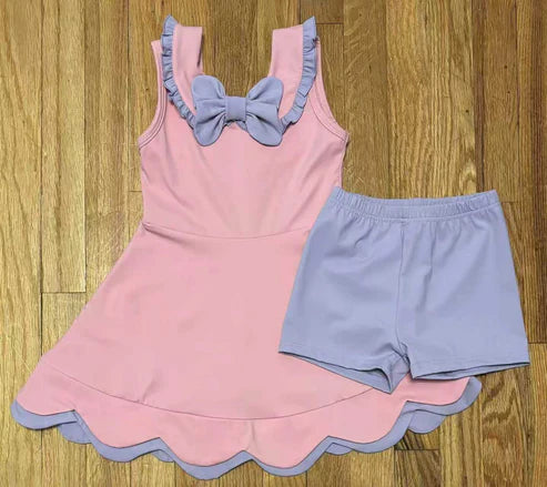 11.3 GSSO2802 Baby Girls Pink Sleeveless Ruffle Collar Tunic Shorts Yoga Clothes Set Preorder