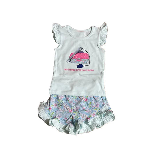 12.6 MOQ:5pcs GSSO2971 pre-order baby girl clothes fishing print toddler girl summer outfit