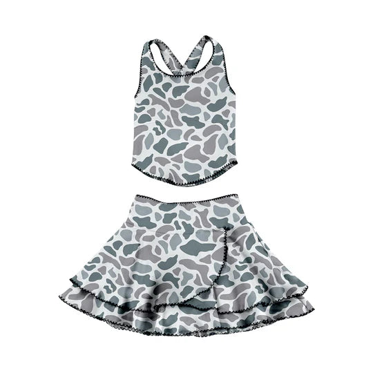12.23 MOQ:5pcs GSD3354 pre-order toddler girl clothes camo print girl yoga summer skirt set