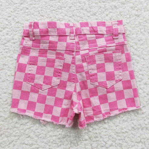 L-3.7 SS0092 Plaid Ripped Denim Shorts Pink