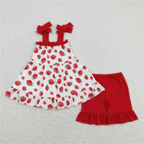6.16 GSSO0567 Strawberry pattern suspender red shorts suit