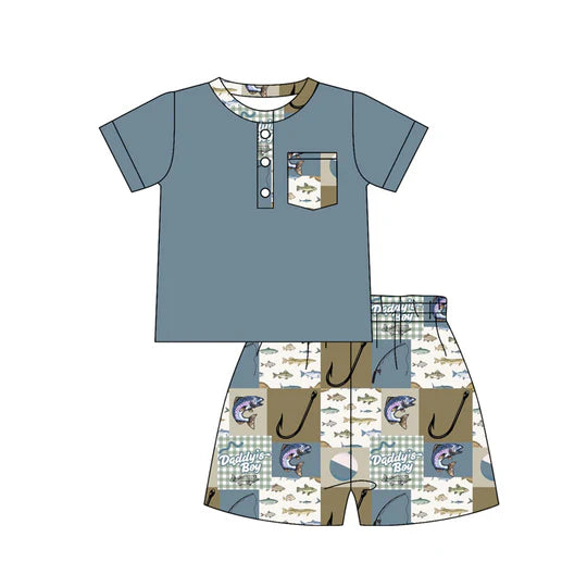 12.20 MOQ:5pcs BSSO1784 pre-order baby boy clothes fishing print toddler boy summer outfit
