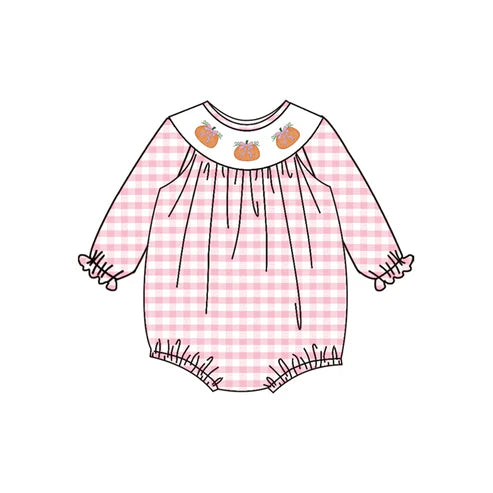 3.29 LR2181 Baby Infant Girls Pink Plaid Long Ruffle Sleeves Pumpkins Smocked Rompers Preorder