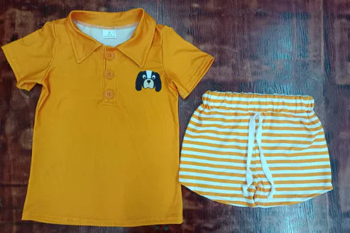 4.26  Preorder moq 3 Baby Boys Yellow Short Sleeves Button Dog Top Stripe Short Set