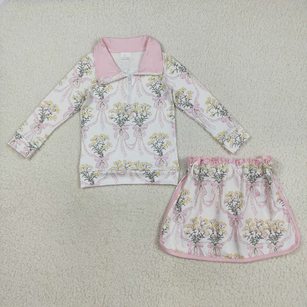 8.18 GLD1078 Baby Girls Long Sleeves Light Pink Bows Floral Plaid Zipper Top Skirts Set