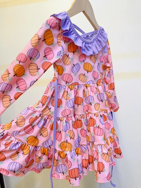 5.10 GLD1032 Baby Girls Pink Long Sleeves Flowers Pumpkins Knee Length Dresses With Belt Preorder