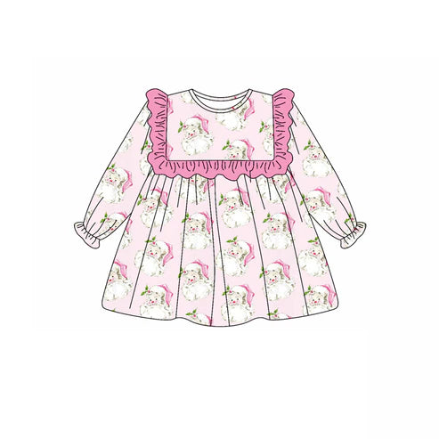 5.20 GLD1045 Baby Girls Long Ruffle Sleeves Pink Santa Knee Length Dresses Preorder