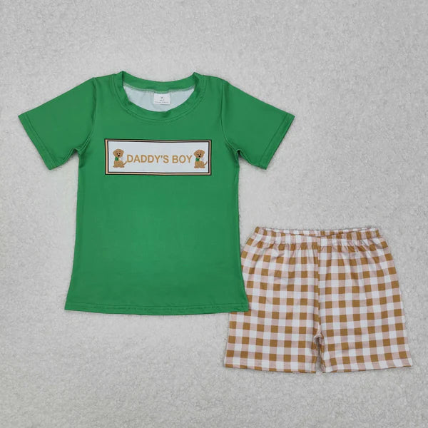 BSSO1131 Baby Boys Daddy's Boy Dogs Top Checkered Shorts Clothes Set