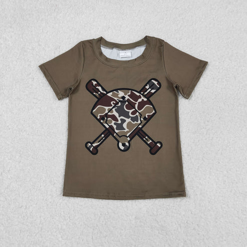 11.18 BT1425 Baby Boys Short Sleeve Dark Brown Dark Khaki Camo Baseballs Team T-shirts Top