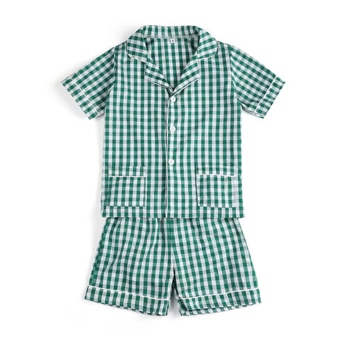 3.28 BSSO1447 Baby Boys Green Plaid Short Sleeves Button Pocket Top Short Pajamas Set Preorder