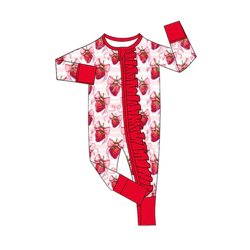 9.29 LR2723 Baby Girls Bows Strawberry Stripe Valentine Ruffle Zipper Footie Rompers Preorder