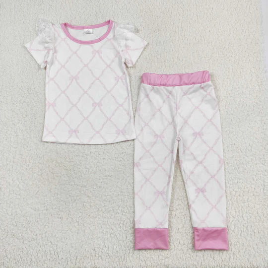 3.14 GSPO1517 RTS baby girl clothes pink bow girl spring pajamas outfit-bamboo