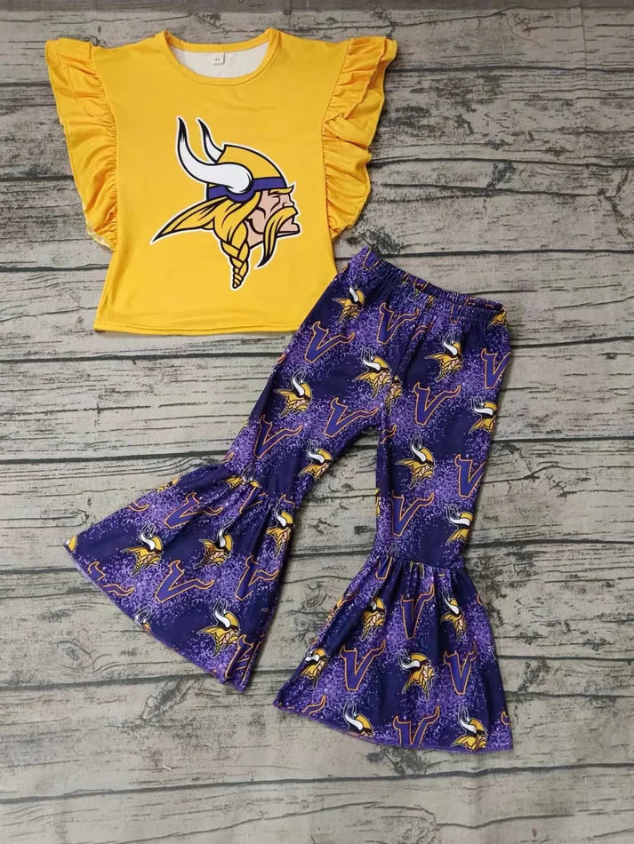 8.21 Custom MOQ 5 Baby Girls Gold V Team Short Sleeve Tee Bell Pants Clothing Sets