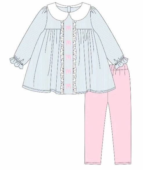 9.29 GLP2909 Baby Girls Blue Stripe Bows Tunic Leggings Valentine Clothes Sets Preorder