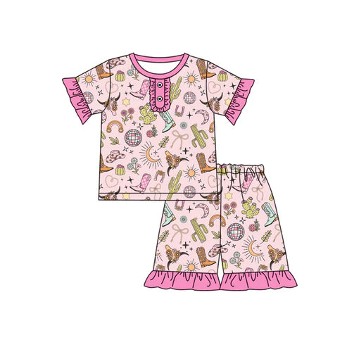 3.17 GSSO2323 Baby Girls Pink Short Ruffle Sleeves Boots Cactus Top Short Pajamas Set Preorder