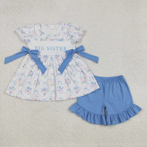 GSSO1875 Baby Girls Blue Flowers Big Sister Tunic Ruffle Shorts Clothes Set