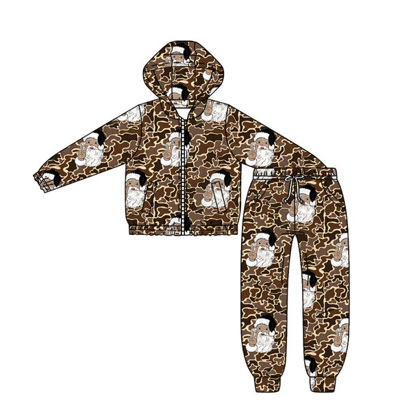 8.28 BLP1252 Baby Boys Brown Camo Santa Hoodies Jacket Pockets Leggings Christams Set Preorder