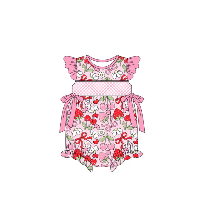3.23 SR2953 Baby Infant Girls Pink Flutter Sleeves Bows Floral Strawberry Ruffle Rompers Preorder