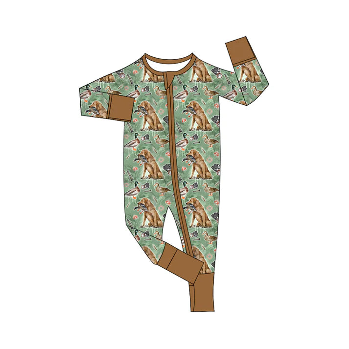 6.17 LR2234 Baby Boys Green Long Sleeves Dog Ducks Baseballs Zipper Rompers Preorder