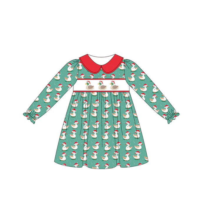 6.14 GLD1074 Baby Girls Green Long Ruffle Sleeves Ducks Plaid Knee Length Dress Preorder